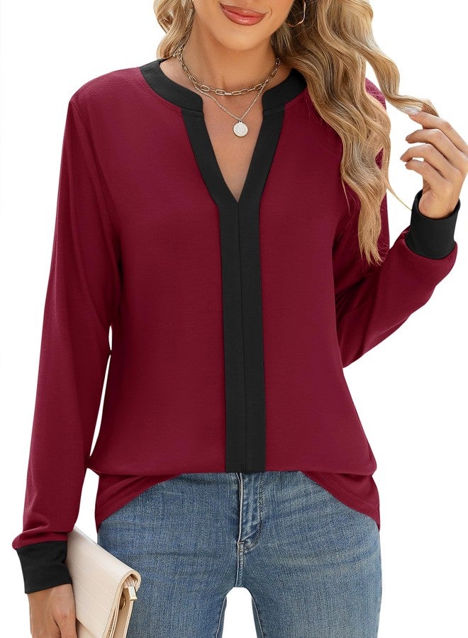 Micoson Womens Blouses Dressy Casual Loose Fit Long Sleeve Shirts Pleated V Neck Classic Tops Fall Flowy Tunic Black and Red Blocks M - Image 1